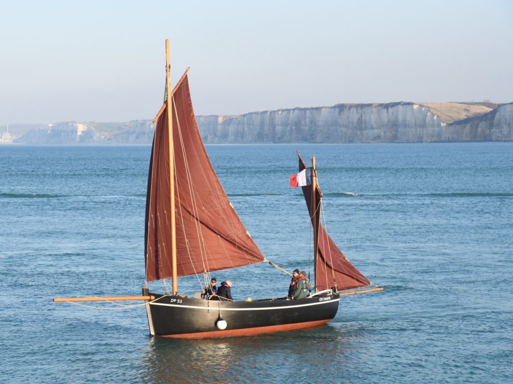 grand voilier sur l'eau avec une voile couleur brique. Bateau vieux de 50 ans